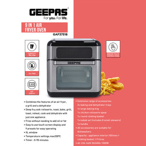 Geepas 1500W Air Fryer Oven Digital 9-in-1 Convection Air Fryer -Toaster Oven Combo Rotisserie & Dehydrator |  Oil-Free Countertop Oven | 90 min Timer |2 Years Warranty