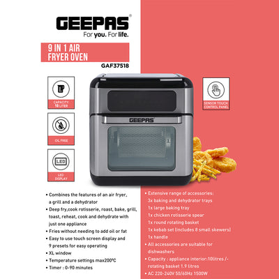 Geepas 1500W Air Fryer Oven Digital 9-in-1 Convection Air Fryer -Toaster Oven Combo Rotisserie & Dehydrator |  Oil-Free Countertop Oven | 90 min Timer |2 Years Warranty