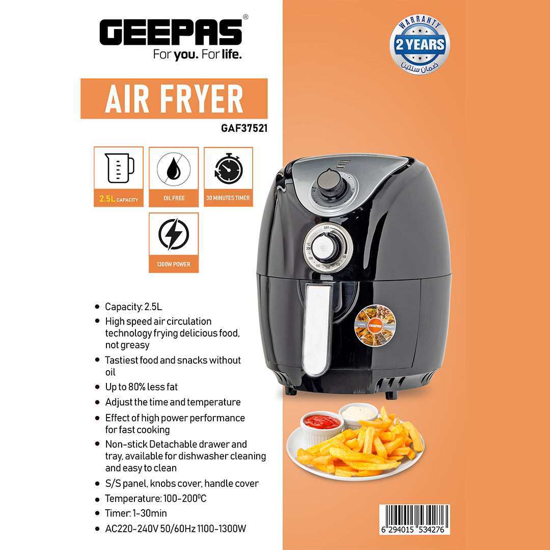 Geepas 1300W Air Fryer- GAF37521 |Rapid Air Circulation System| 100–200°C Adjustable Temperature| Low Fat Cooking |30 Minute Manual Timer| 2.5L Capacity |2 Year Warranty