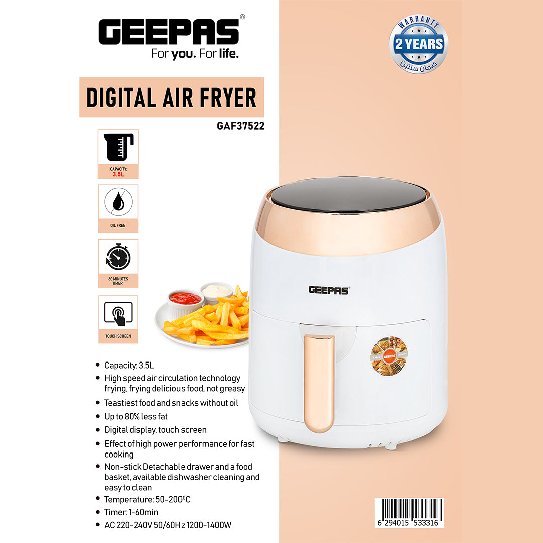 Geepas GAF37522 Digital Air Fryer With 3.5L Capacity, 1400W | Hot Air Circulation Technology |Oil Free Cooking  | Non-Stick Basket, Overheat Protection | 2 Years Warranty