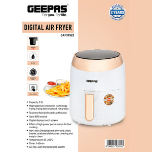 Geepas GAF37522 Digital Air Fryer With 3.5L Capacity, 1400W | Hot Air Circulation Technology |Oil Free Cooking  | Non-Stick Basket, Overheat Protection | 2 Years Warranty