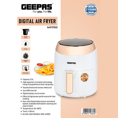 Geepas GAF37522 Digital Air Fryer With 3.5L Capacity, 1400W | Hot Air Circulation Technology |Oil Free Cooking  | Non-Stick Basket, Overheat Protection | 2 Years Warranty
