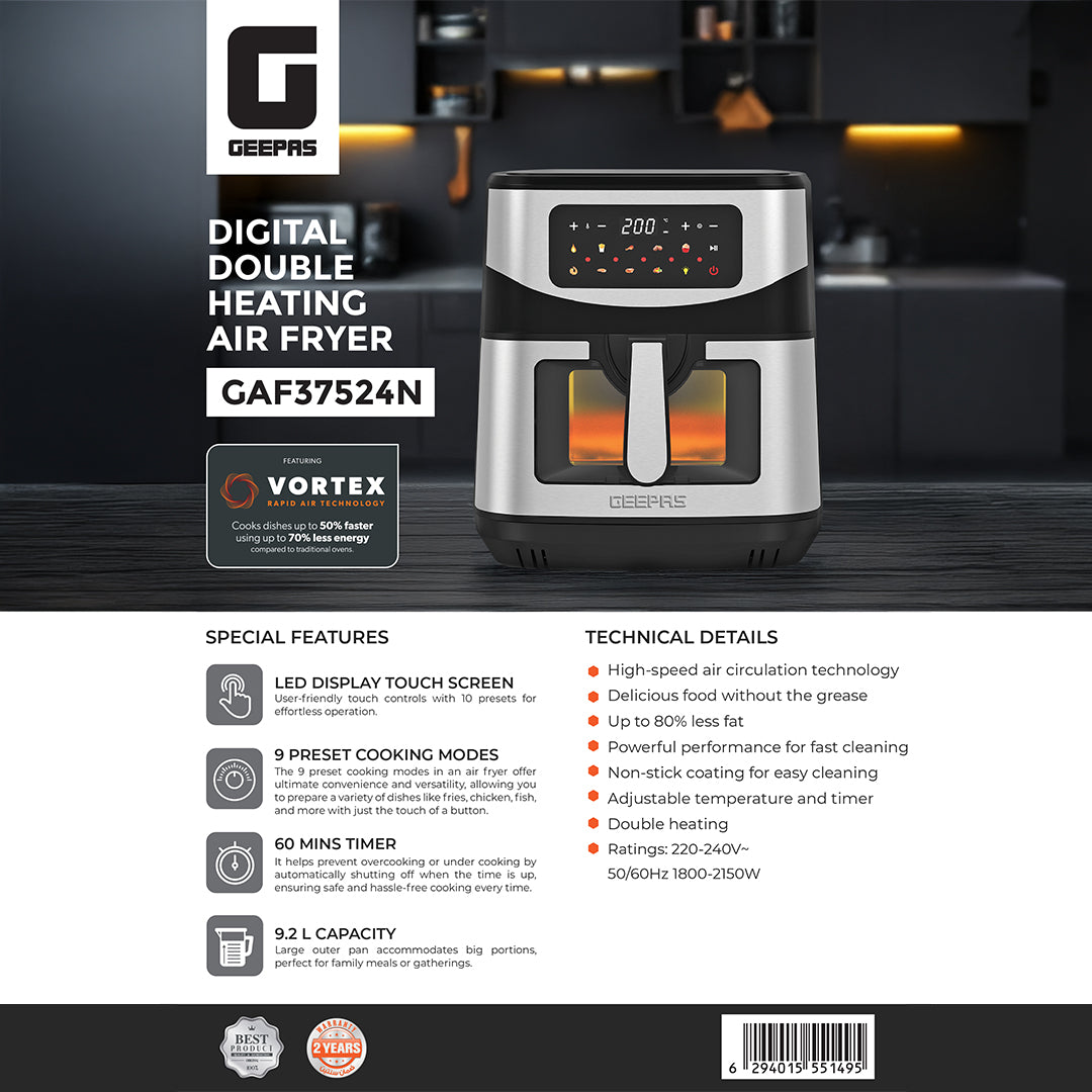 Geepas GAF37524 Digital Double Heating Air Fryer | 9.2L | 2150W | LED Touchscreen & 9 Preset Cooking Modes | Double Heating Technology | VORTEX Rapid Air Technology