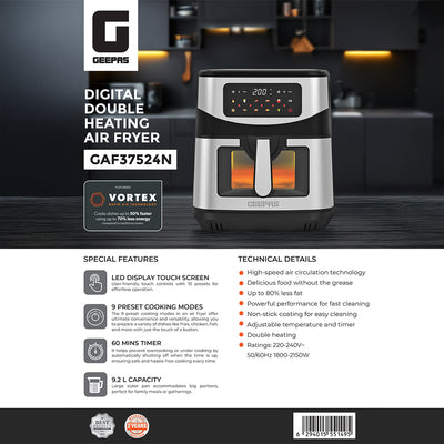 Geepas GAF37524 Digital Double Heating Air Fryer | 9.2L | 2150W | LED Touchscreen & 9 Preset Cooking Modes | Double Heating Technology | VORTEX Rapid Air Technology