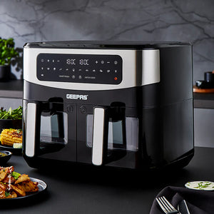 Geepas 9 L Dual Basket Digital Air Fryer- GAF37525UK| Equipped with VORTEX Air Frying Technology, Oil Free Cooking| LED Display with Touch Screen, 10 Preset Cooking Modes