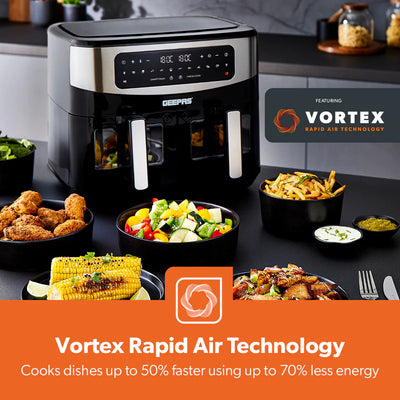 Geepas 9 L Dual Basket Digital Air Fryer- GAF37525UK| Equipped with VORTEX Air Frying Technology, Oil Free Cooking| LED Display with Touch Screen, 10 Preset Cooking Modes