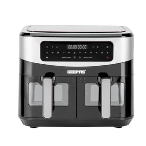 Geepas 9 L Dual Basket Digital Air Fryer- GAF37525UK| Equipped with VORTEX Air Frying Technology, Oil Free Cooking| LED Display with Touch Screen, 10 Preset Cooking Modes