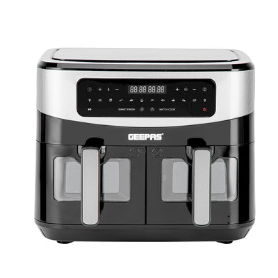 Geepas 9 L Dual Basket Digital Air Fryer- GAF37525UK| Equipped with VORTEX Air Frying Technology, Oil Free Cooking| LED Display with Touch Screen, 10 Preset Cooking Modes