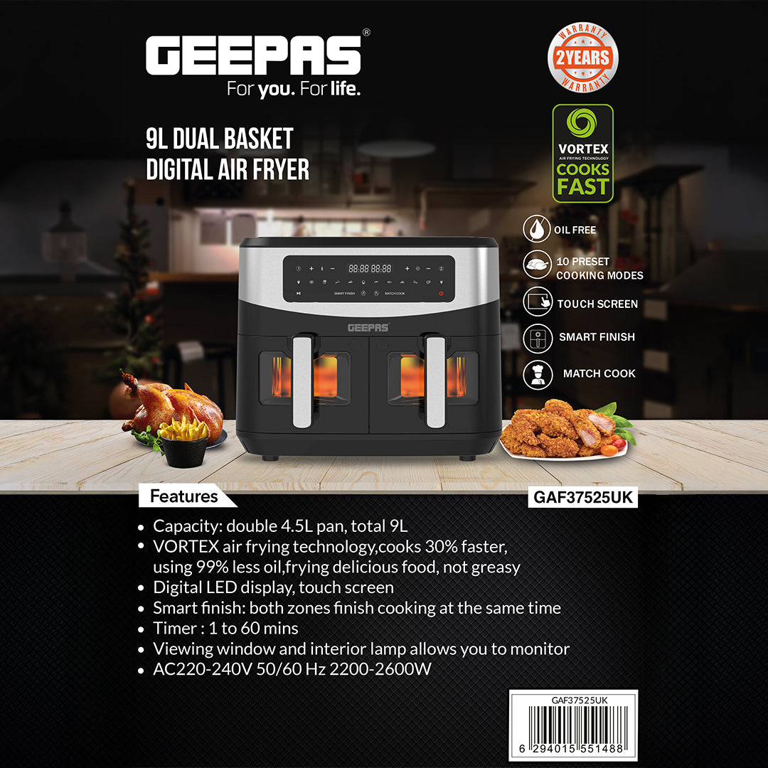 Geepas 9 L Dual Basket Digital Air Fryer- GAF37525| Equipped with VORTEX Air Frying Technology, Oil Free Cooking| LED Display with Touch Screen, 10 Preset Cooking Modes
