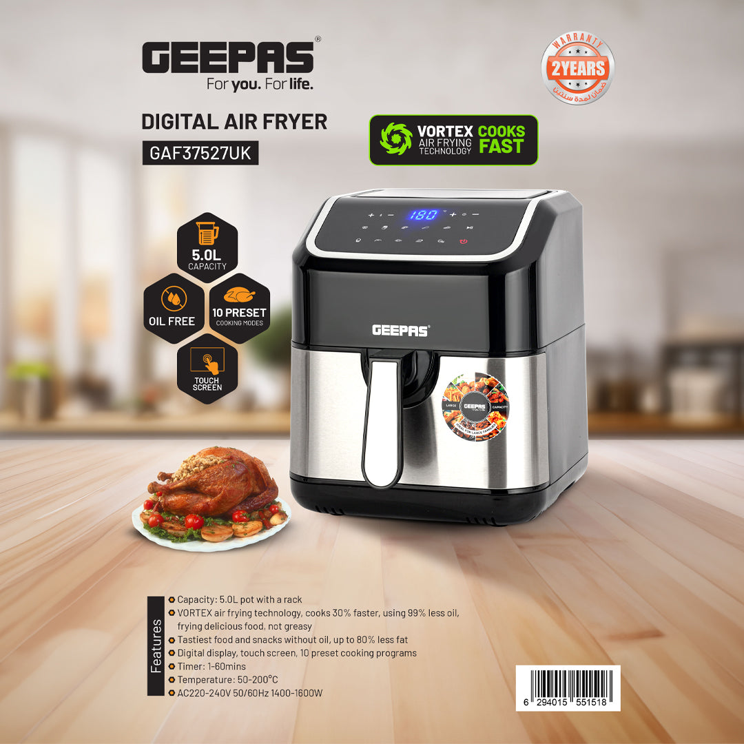 Geepas Digital Air Fryer- GAF37527UK/5.0 L Pot, with Vortex Technology/Digital Display, Touch Screen, Multiple Function, 1-60 Min Timer, Temperature 50-200 Degree Celsius