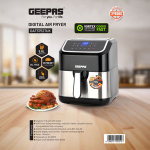 Geepas Digital Air Fryer- GAF37527UK/5.0 L Pot, with Vortex Technology/Digital Display, Touch Screen, Multiple Function, 1-60 Min Timer, Temperature 50-200 Degree Celsius