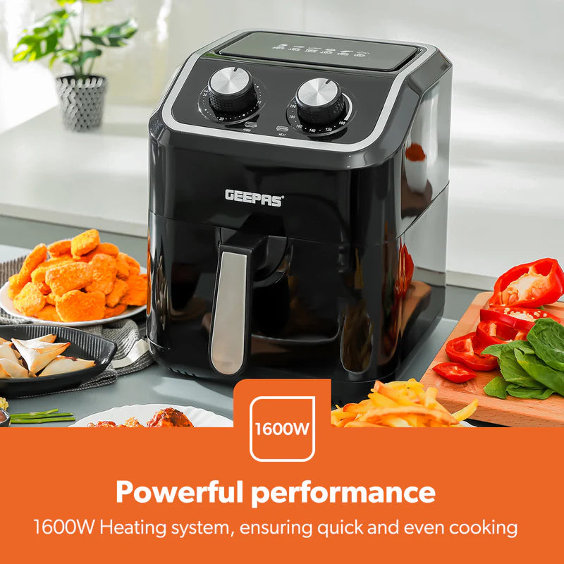 Geepas Air Fryer- GAF37528| 1600W, 5 L Capacity| Equipped with VORTX Air Frying Technology, Oil Free Cooking| Adjustable Timer and Temperature, 1-30 Minutes Timer