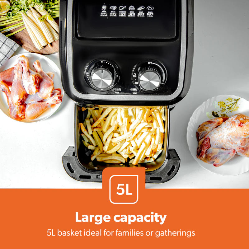 Geepas Air Fryer- GAF37528| 1600W, 5 L Capacity| Equipped with VORTX Air Frying Technology, Oil Free Cooking| Adjustable Timer and Temperature, 1-30 Minutes Timer