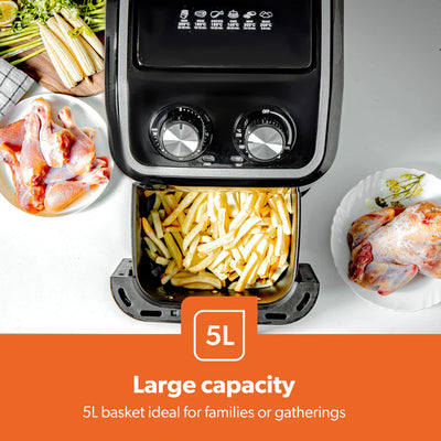 Geepas Air Fryer- GAF37528| 1600W, 5 L Capacity| Equipped with VORTX Air Frying Technology, Oil Free Cooking| Adjustable Timer and Temperature, 1-30 Minutes Timer