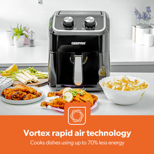 Geepas Air Fryer- GAF37528| 1600W, 5 L Capacity| Equipped with VORTX Air Frying Technology, Oil Free Cooking| Adjustable Timer and Temperature, 1-30 Minutes Timer