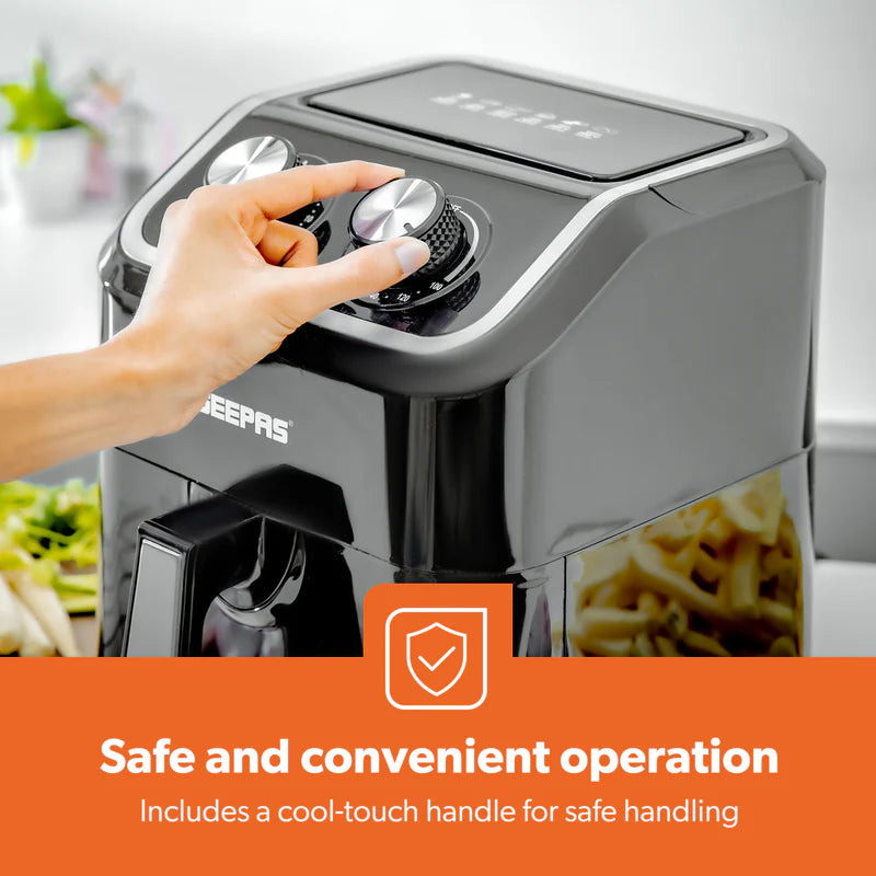 Geepas Air Fryer- GAF37528| 1600W, 5 L Capacity| Equipped with VORTX Air Frying Technology, Oil Free Cooking| Adjustable Timer and Temperature, 1-30 Minutes Timer
