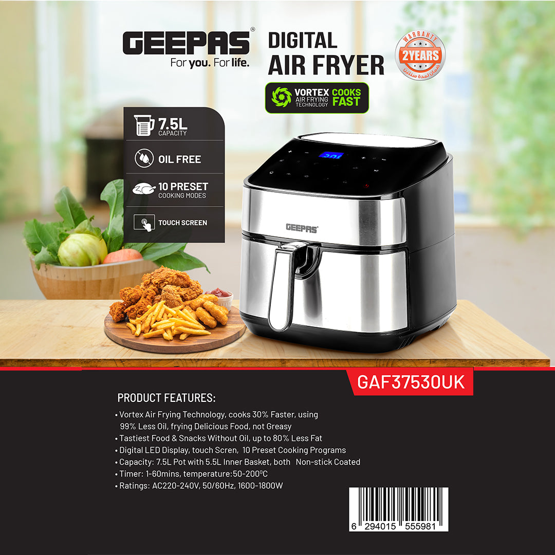 Geepas Digital Air Fryer GAF37530UK | 7.5L Capacity with 5.5L Basket, Vortex Technology, Digital Touch Screen, 10 Preset Modes, 1–60 Min Timer, 2 Years Warranty