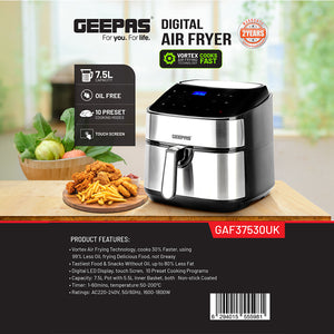 Geepas Digital Air Fryer GAF37530UK | 7.5L Capacity with 5.5L Basket, Vortex Technology, Digital Touch Screen, 10 Preset Modes, 1–60 Min Timer, 2 Years Warranty