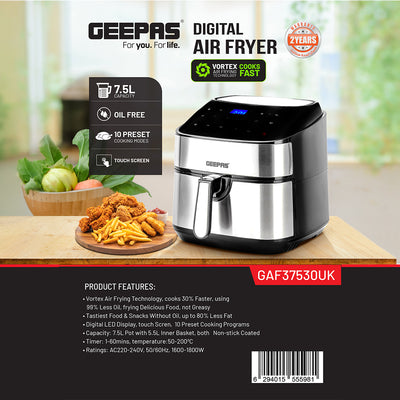 Geepas Digital Air Fryer GAF37530UK | 7.5L Capacity with 5.5L Basket, Vortex Technology, Digital Touch Screen, 10 Preset Modes, 1–60 Min Timer, 2 Years Warranty