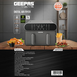 Geepas Digital Air Fryer- GAF37532| 11 L Capacity with 5.5 L Dual Baskets |  VORTEX Air Frying Technology| Digital Display, Dehydrate, 1-60 Min Timer | 2 Years Warranty