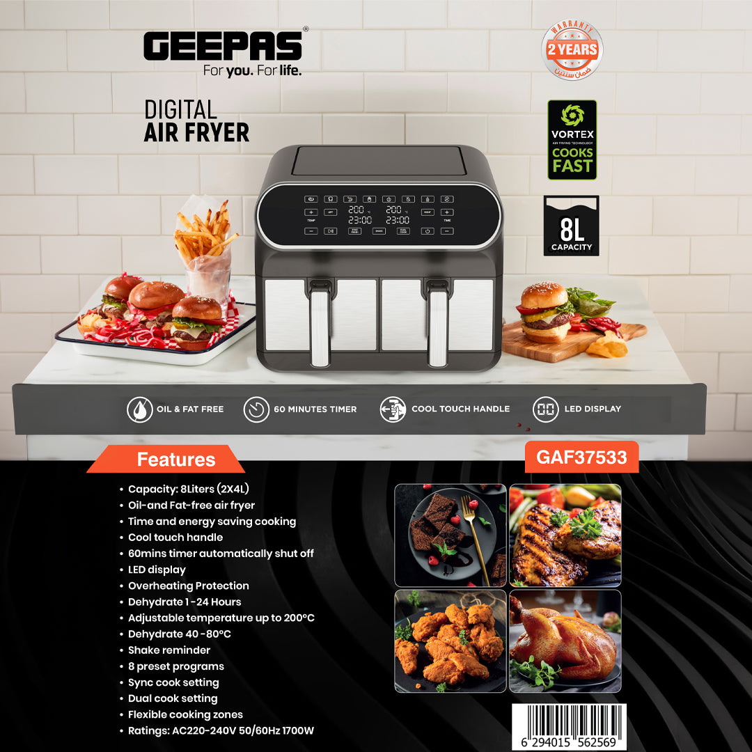 Geepas Digital Air Fryer GAF37533 | 8.0L with Dual 4.0L Baskets, Vortex Air Frying Technology, Digital Display, Dehydrate, 1–60 Min Timer, 200°C, 2 Years Warranty