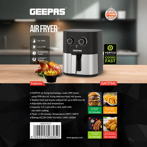 Geepas Air Fryer- GAF37541/ 4.5 L Pot with Rack,  Vortex Air Frying Technology/ 1-30 Min Timer, Temperature 100-200 Degree Celsius/  2 Years Warranty, Black and Silver