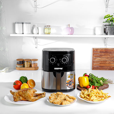 Geepas Air Fryer- GAF37541/ 4.5 L Pot with Rack,  Vortex Air Frying Technology/ 1-30 Min Timer, Temperature 100-200 Degree Celsius/  2 Years Warranty, Black and Silver