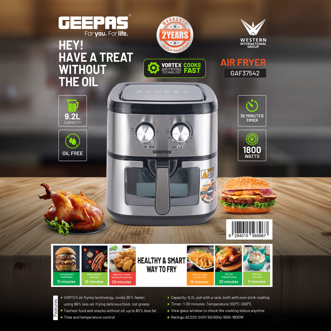 Geepas Air Fryer- GAF37542/ 9.2 L/  Vortex Frying Technology/ 1-30 Min Timer, Temperature 100-200 Degree Celsius/  View Glass Window / 2 Years Warranty, Black and Silver