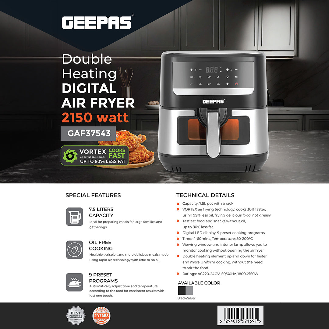 Geepas Double Heating Digital Air Fryer GAF37543 | 7.5L Capacity| Vortex Frying Technology| 1–60 Min Timer| 50–200°C Temperature| 9 Preset Programs| 2 Years Warranty