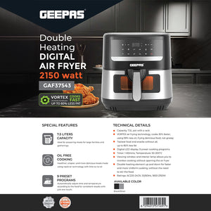 Geepas Double Heating Digital Air Fryer GAF37543 | 7.5L Capacity| Vortex Frying Technology| 1–60 Min Timer| 50–200°C Temperature| 9 Preset Programs| 2 Years Warranty