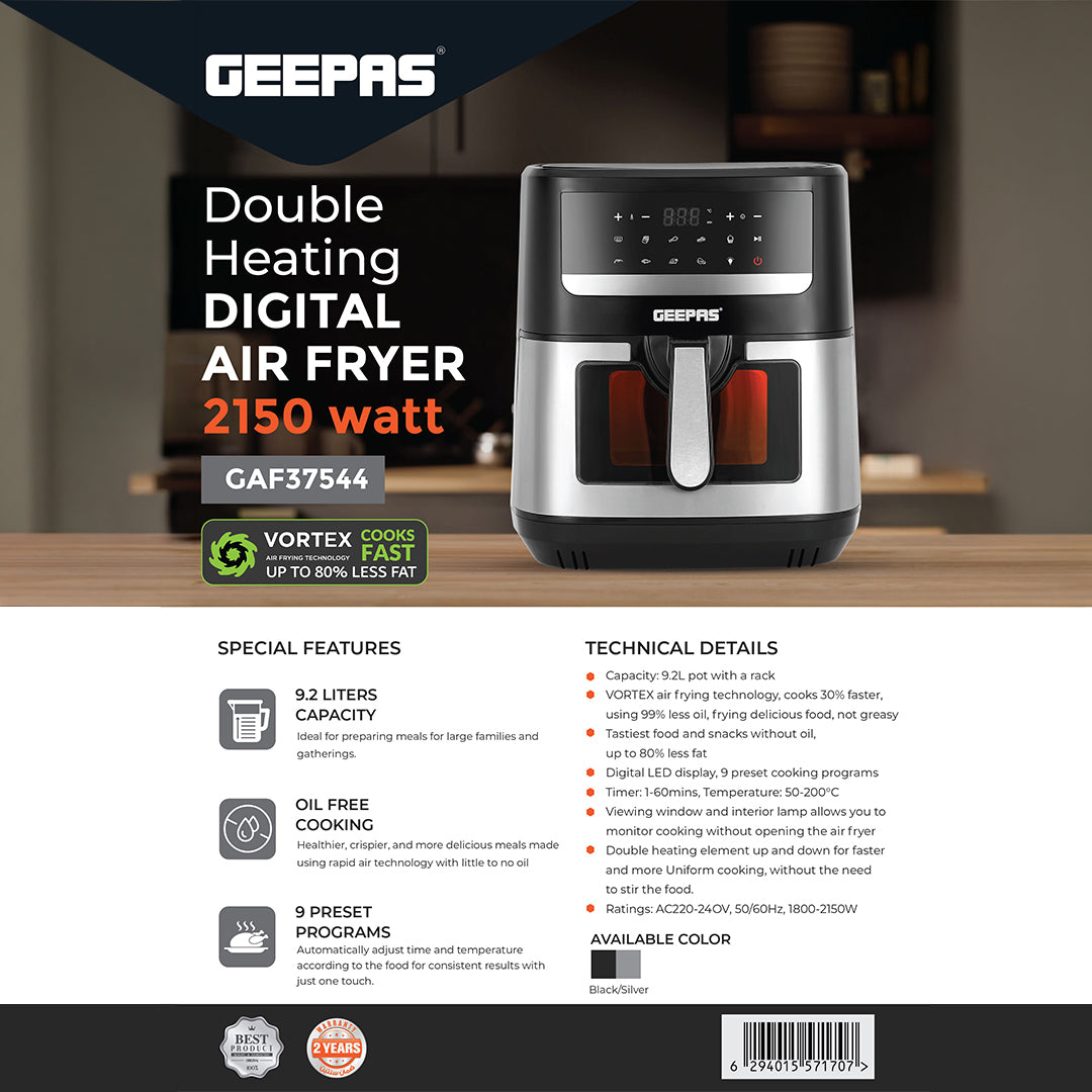 Geepas Double Heating Digital Air Fryer GAF37544 | 9.2L| Vortex Frying Technology| Digital Display| 1–60 Min Timer| 50–200°C| 9 Preset Programs|2 Years Warranty