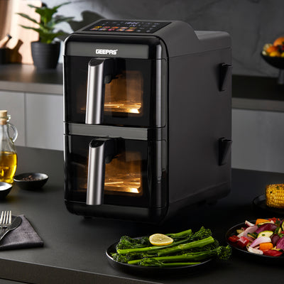 Geepas GAF37548 2800W Dual Basket Digital Air Fryer | 12L Capacity | Dual 6L Baskets| Vortex Rapid Air Technology | 10 Preset Cooking Modes |  Touch Control Panel