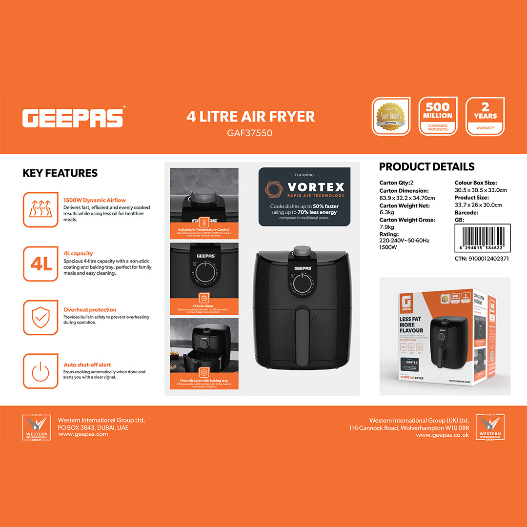 Geepas GAF37550 4 Litre Air Fryer | 1500W Vortex Rapid Air Technology for Faster Cooking| Less Oil Frying | Adjustable Temperature Control |  Family Size Air Fryer