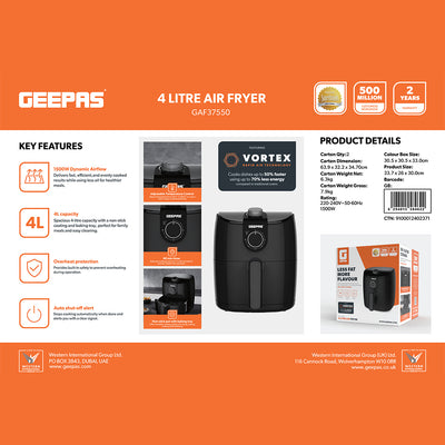 Geepas GAF37550 4 Litre Air Fryer | 1500W Vortex Rapid Air Technology for Faster Cooking| Less Oil Frying | Adjustable Temperature Control |  Family Size Air Fryer