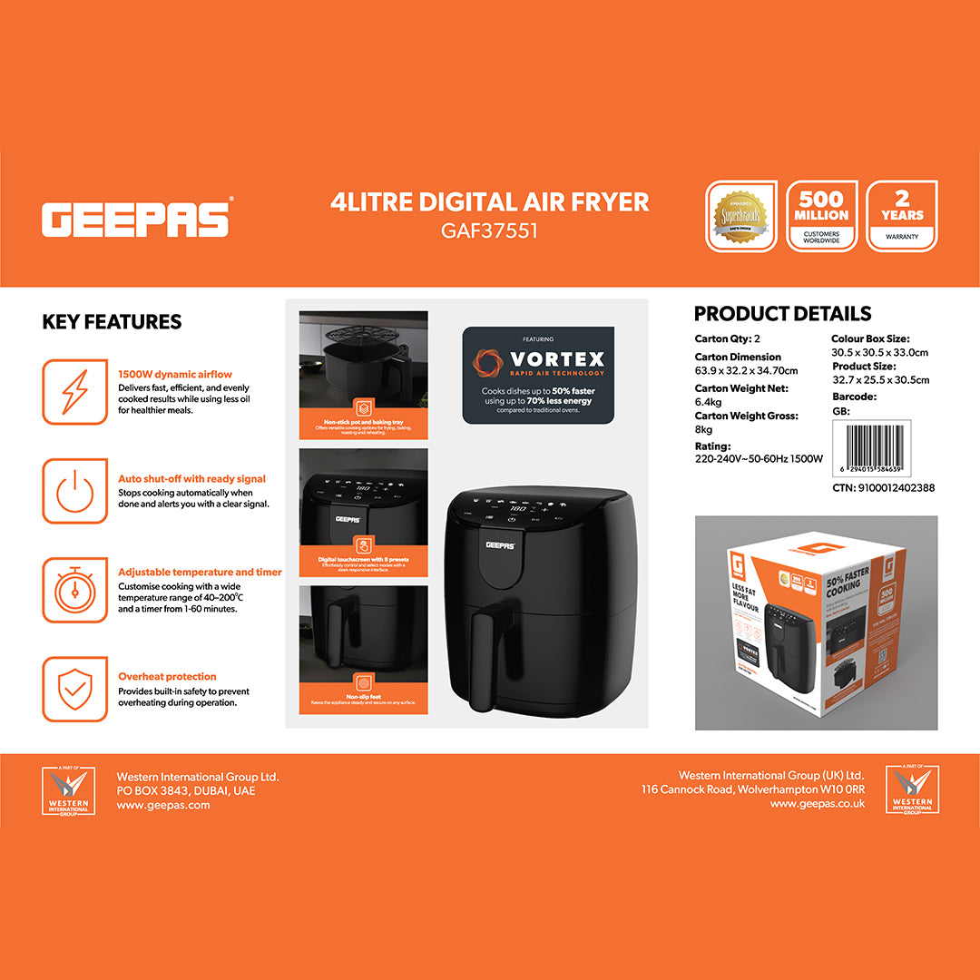 Geepas GAF37551 4L Digital Air Fryer 1500W | Rapid Air Vortex Technology | Oil Free Fryer with Touch Control | Auto Shut Off | Overheat Protection & Non Stick Basket