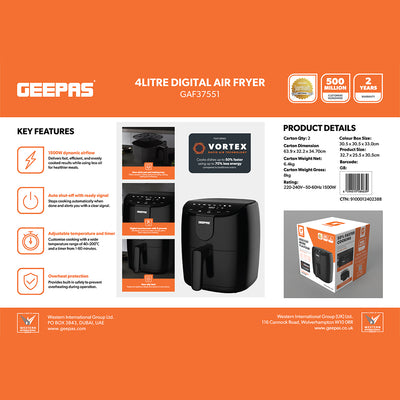 Geepas GAF37551 4L Digital Air Fryer 1500W | Rapid Air Vortex Technology | Oil Free Fryer with Touch Control | Auto Shut Off | Overheat Protection & Non Stick Basket
