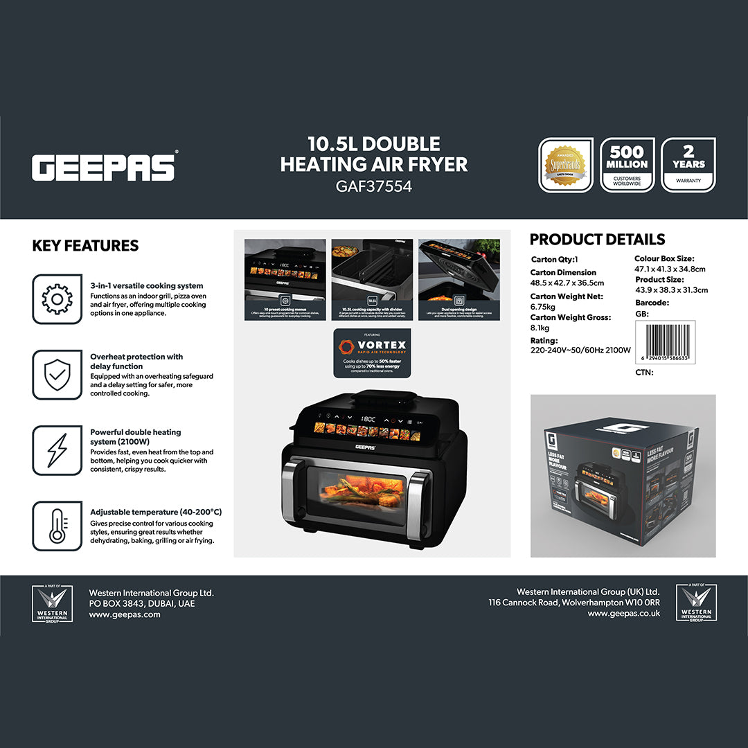 Geepas GAF37554 10.5L Double Heating Air Fryer | 2100W Power | 3-in-1 Cooking System| Adjustable Temperature | Dual Cooking Zones| Rapid Air Technology| Digital Controls