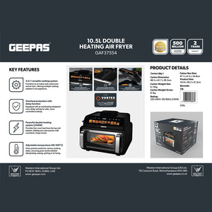 Geepas GAF37554 10.5L Double Heating Air Fryer | 2100W Power | 3-in-1 Cooking System| Adjustable Temperature | Dual Cooking Zones| Rapid Air Technology| Digital Controls
