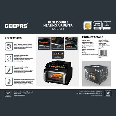Geepas GAF37554 10.5L Double Heating Air Fryer | 2100W Power | 3-in-1 Cooking System| Adjustable Temperature | Dual Cooking Zones| Rapid Air Technology| Digital Controls