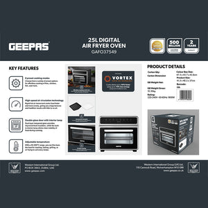 Geepas 25L Digital Air Fryer Oven GAFO37549 | Vortex Rapid Air Technology | 8 Preset Cooking Modes| Adjustable 40–200°C Temperature and 1800W High Cooking Performance