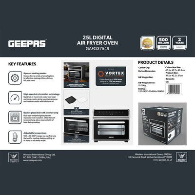 Geepas 25L Digital Air Fryer Oven GAFO37549 | Vortex Rapid Air Technology | 8 Preset Cooking Modes| Adjustable 40–200°C Temperature and 1800W High Cooking Performance