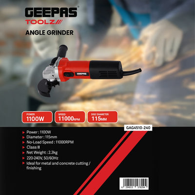 Geepas GAG4510-240 115mm Angle Grinder | 1100W, 11000RPM Power Tool | Ergonomic long-handle design | Ideal for cutting metal, grinding welds & polishing surfaces