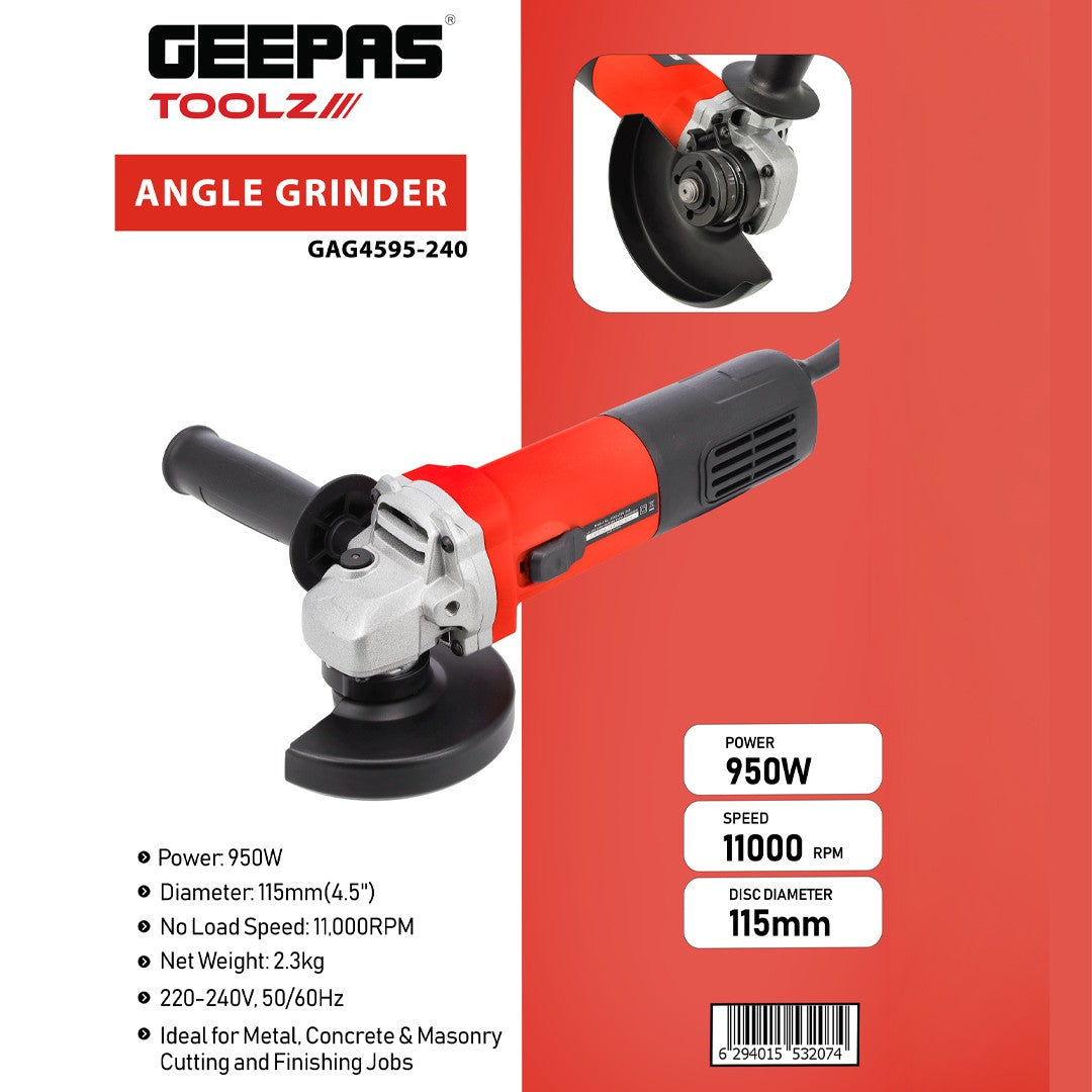 Geepas GAG4595-240 950W Angle Grinder with 115mm (4.5") Disc | 11,000 RPM High-Speed Motor  | Ergonomic Side Handle | Perfect for Metal, Concrete & Masonry Cutting Jobs