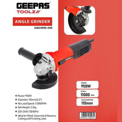Geepas GAG4595-240 950W Angle Grinder with 115mm (4.5") Disc | 11,000 RPM High-Speed Motor  | Ergonomic Side Handle | Perfect for Metal, Concrete & Masonry Cutting Jobs