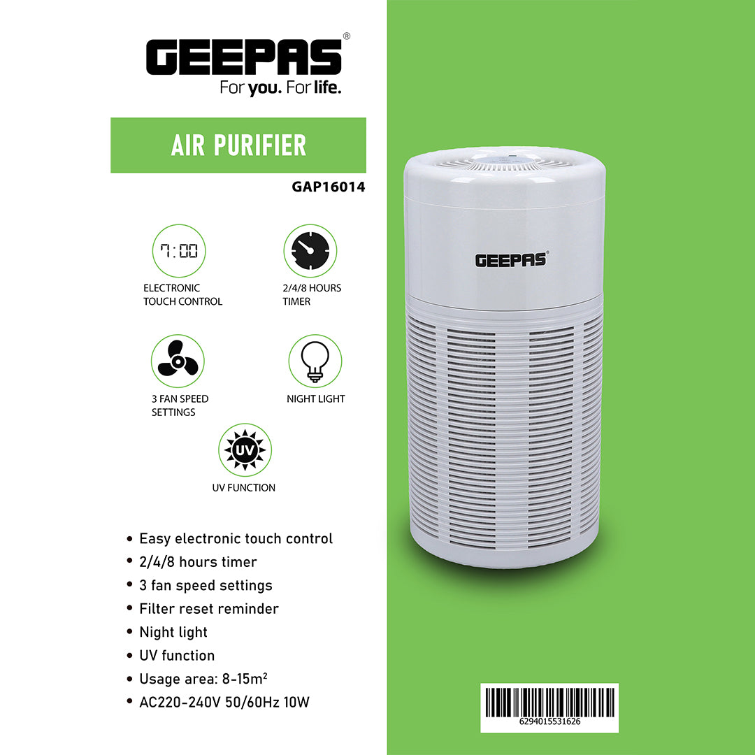 Geepas GAP16014 Air Purifier | Electronic Touch Control | 3 Fan Speeds | UV Function | Timer 2/4/8 Hours | Night Light | Filter Reset Reminder |Ideal for Home & Office