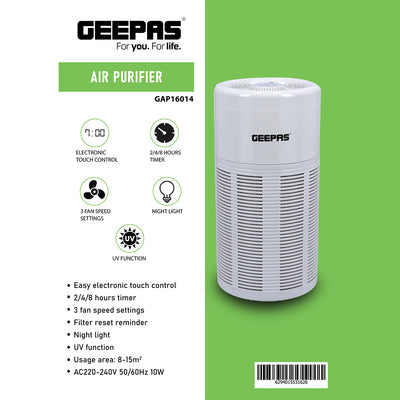 Geepas GAP16014 Air Purifier | Electronic Touch Control | 3 Fan Speeds | UV Function | Timer 2/4/8 Hours | Night Light | Filter Reset Reminder |Ideal for Home & Office