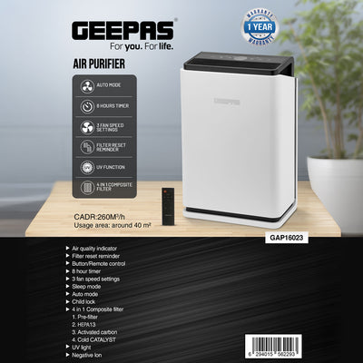 Geepas GAP16023  Air Purifier | HEPA Filter for Dust, Pollen & Odors | UV Sterilization Function | Auto Mode | Touch Control | Quiet Operation  | 1 Year Warranty