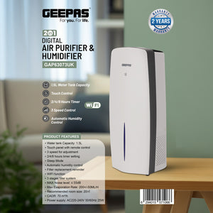 Geepas GAP63073UK Digital Air Purifier & Humidifier | 1.5L Tank Capacity | WiFi Control | 3-Speed Settings | Auto Humidity Sensor | Quiet Operation | 2 Years Warranty