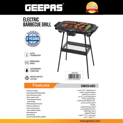 Geepas 2000W Electric Barbecue Grill | Auto-Thermostat Control with Overheat Protection, Space-Saving & Waterproof Design | Perfect for Grilling Chicken, Beef  & More