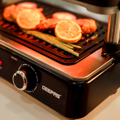 Geepas Fast Indoor Grill- GBG63060|  Drip Tray for Easy Cleaning,  Thermostat Control | Perfect for Sizzling Steaks, Searing Vegetables Etc | Black, 2 Years Warranty